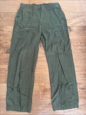 Olive Green Linen Wide Leg Pants Elastic Waist
